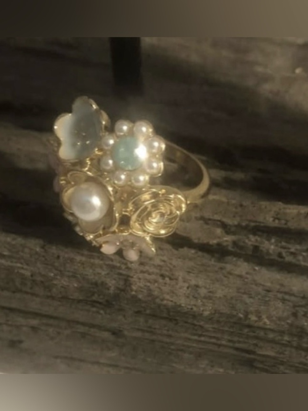Gold Floral Cluster Ring with Pearl and Pastel Accents